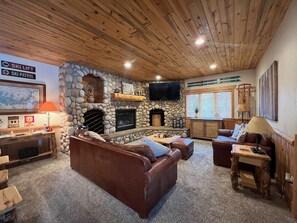 Smart TV, caminetto, libri