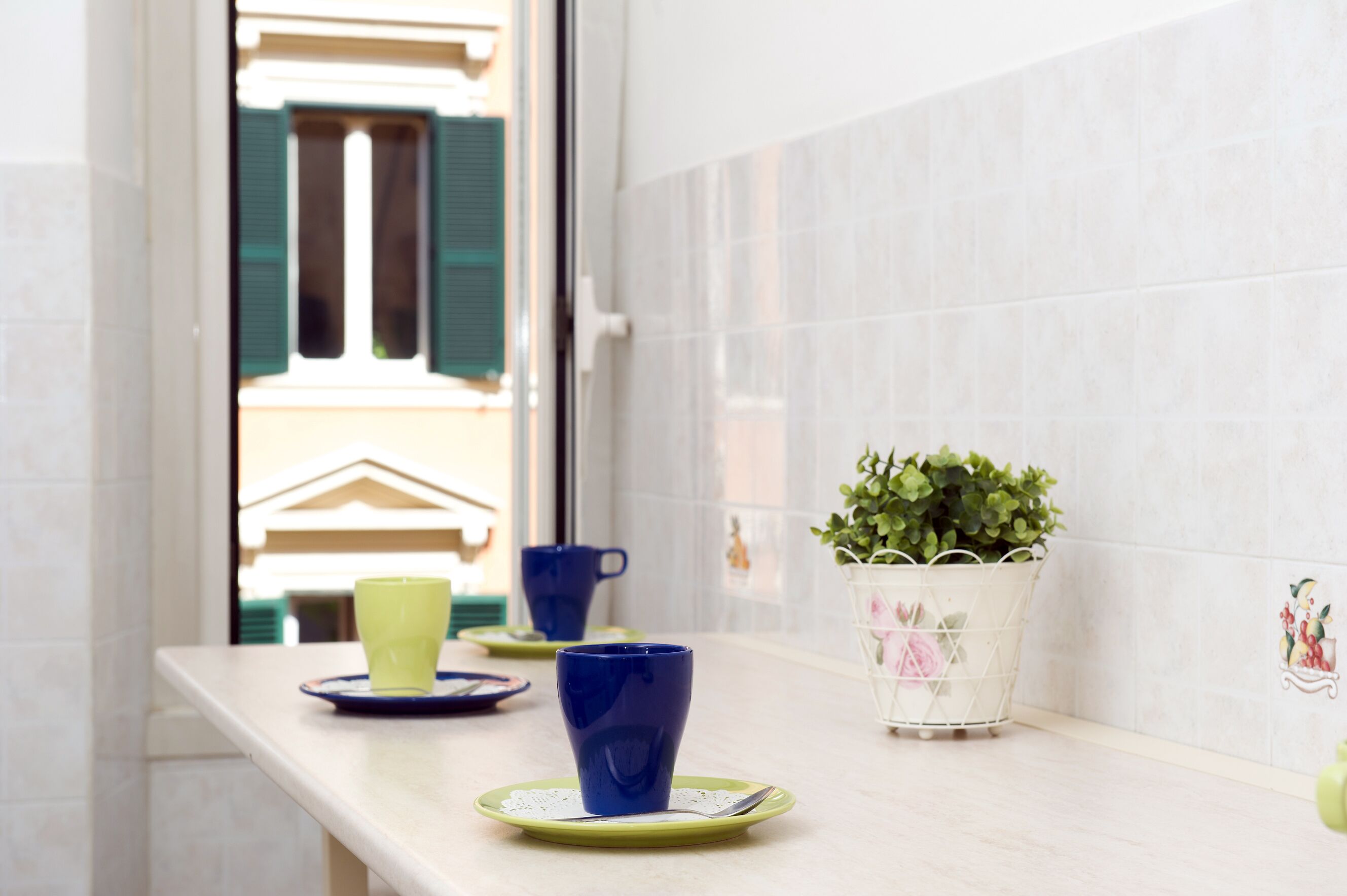 A kitchen with a white countertop, a potted plant, and a window with green shutters.