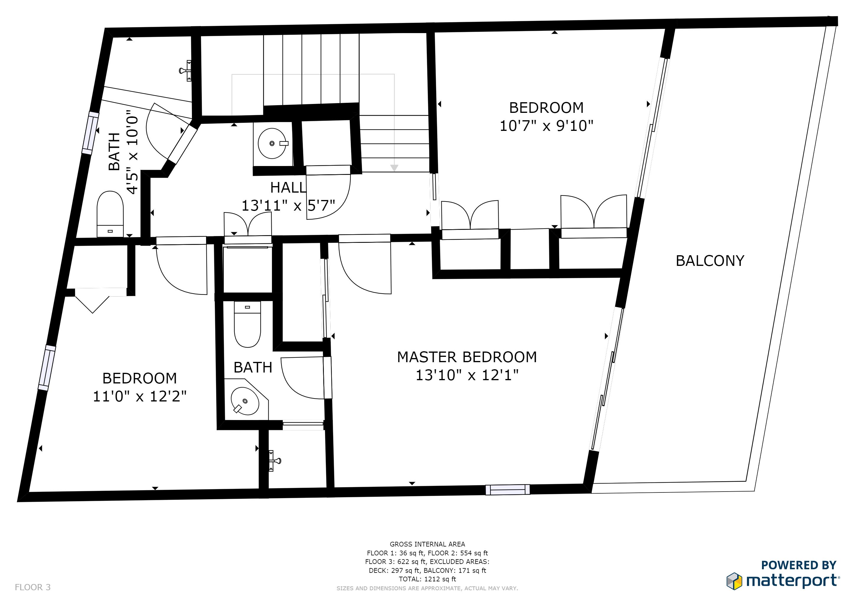 A floor plan of a property with a master bedroom (13'10" x 12'1"), a smaller bedroom (10'7" x 9'10"), a hall (13'1" x 5'7"), and a balcony.