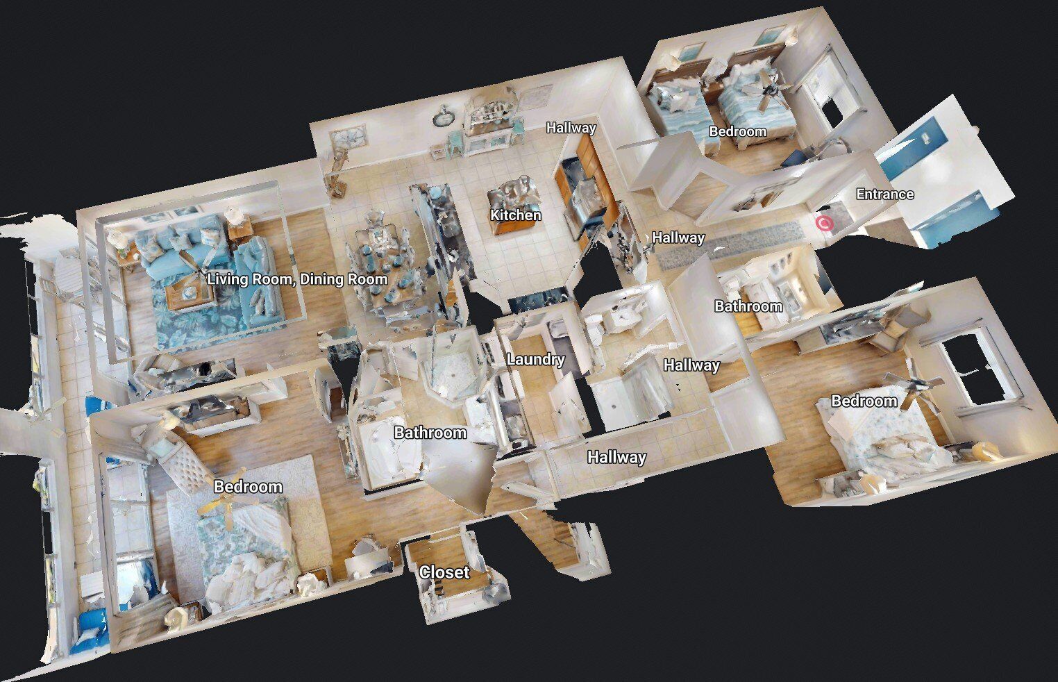 Plano de planta en 3D de un hotel con habitaciones identificadas, incluyendo sala de estar, comedor, cocina, recámaras, baños y un armario.