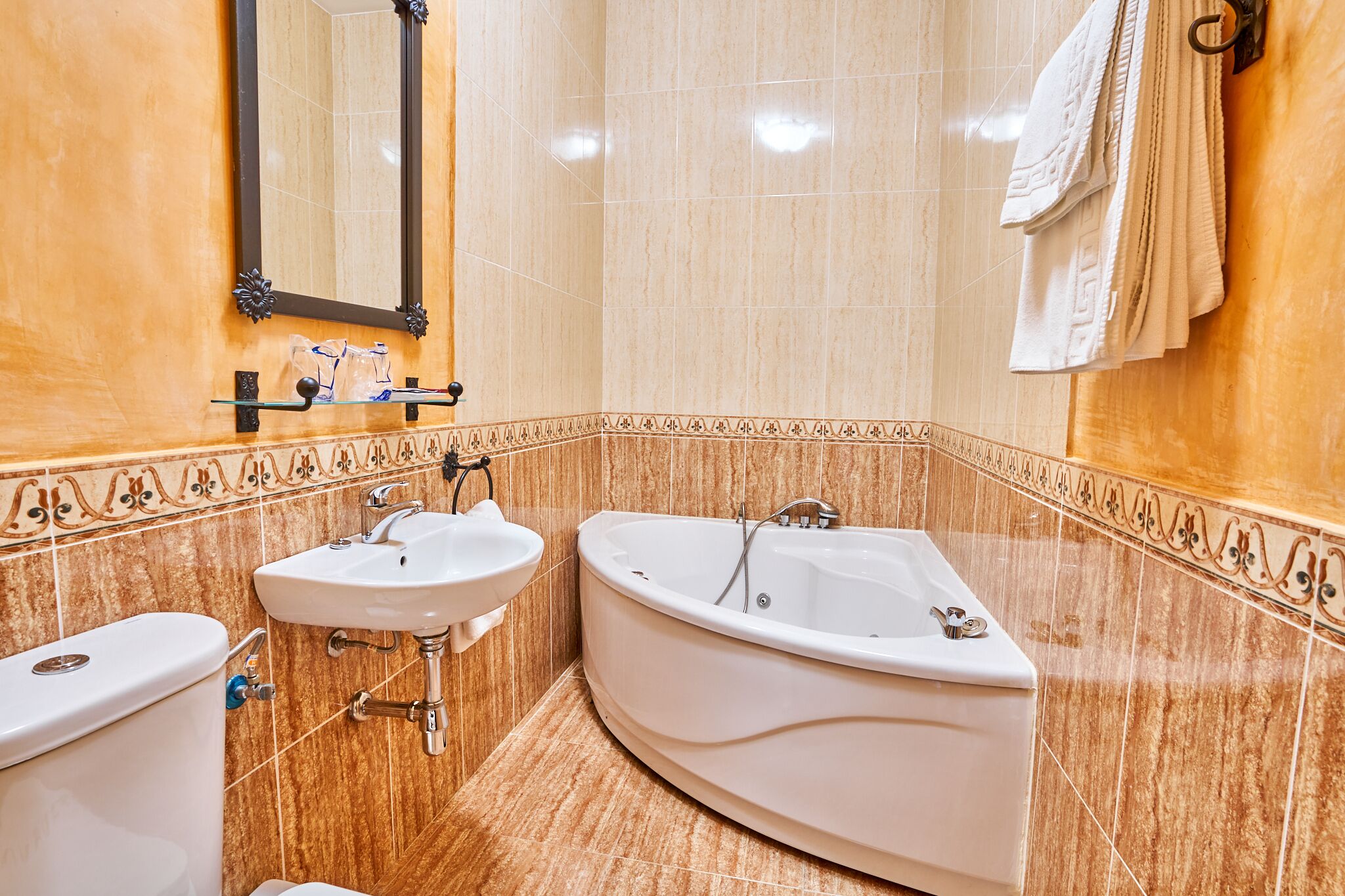 Hair dryer, towels, soap, shampoo