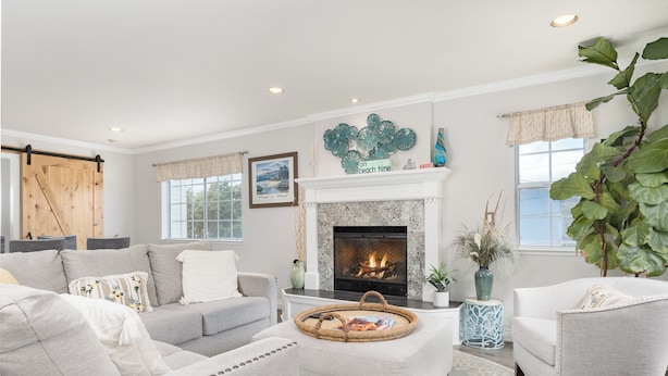 A living room with a fireplace, grey sofas, a coffee table with a tray, and a large plant. - Stunning, Beach Home near Santa Cruz Beach & Boardwalk, Walk Downtown! Superhost (Santa Cruz)