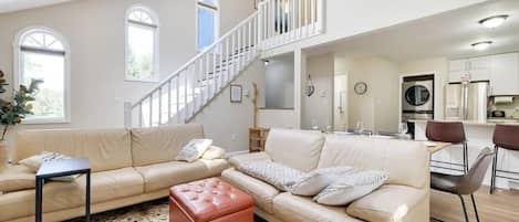 Smart TV, fireplace, books