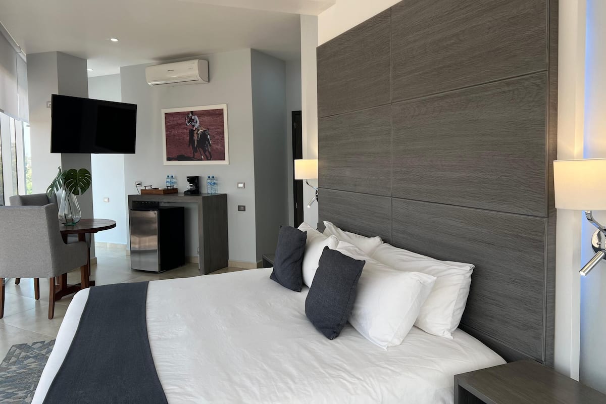 A modern hotel room with a large bed, a flat-screen TV, a desk with a chair, a coffee machine, and a plant.