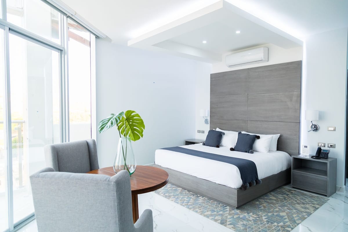 A modern hotel room with a large bed, bedside tables, a chair, a potted plant, and a view through large windows.
