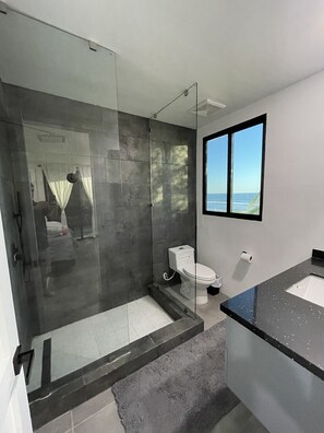 Regadera, toallas, papel de baño 