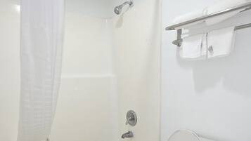 Shower, rainfall showerhead, hair dryer, towels