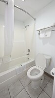 Shower, rainfall showerhead, hair dryer, towels