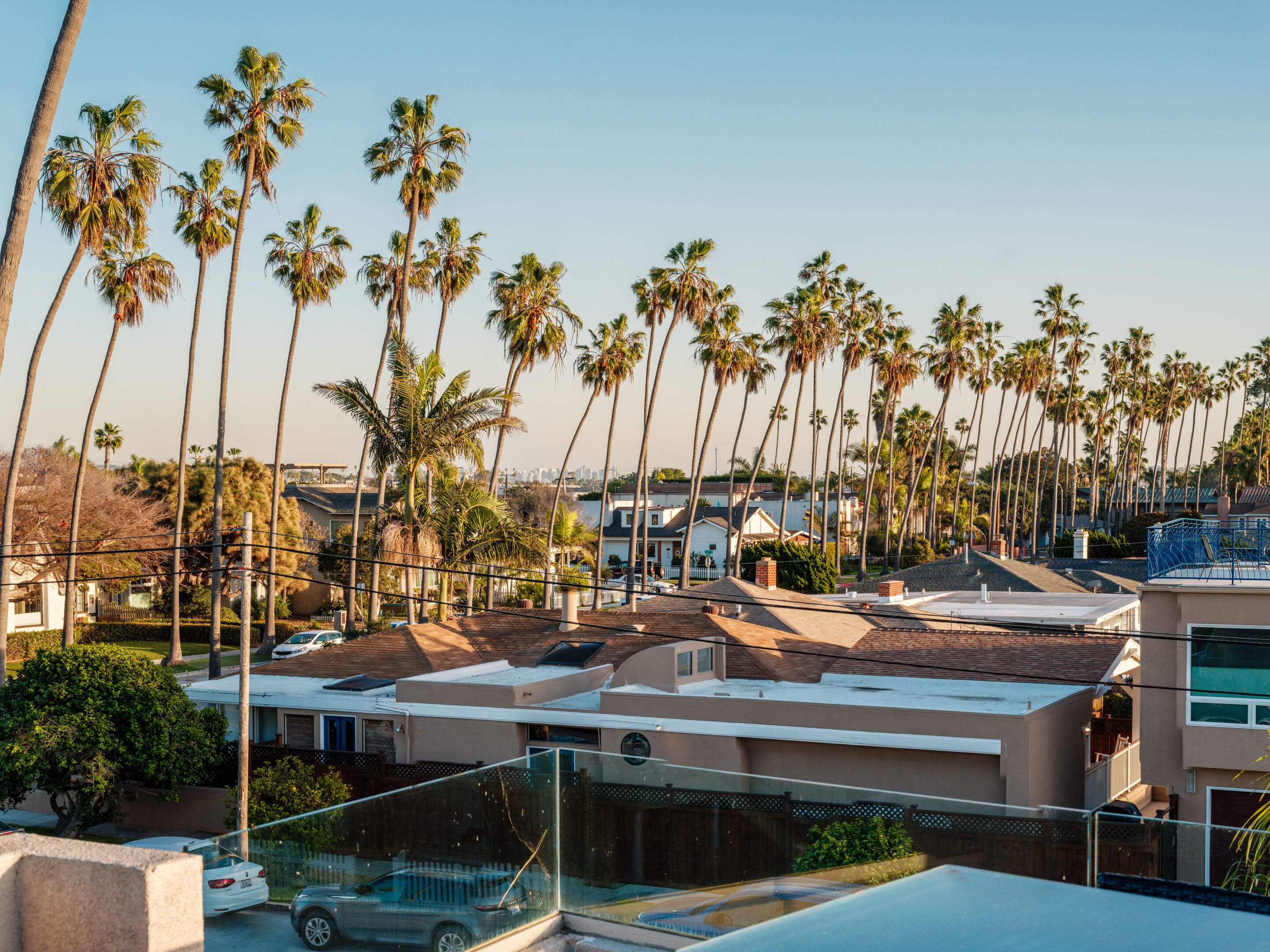 A residential area with multiple houses, palm trees, and a clear sky.