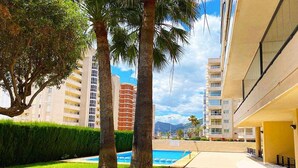 A pool area with palm trees, a clear sky, and high-rise buildings in the background. - CostaBlancaDreams - Morello 5a in Calpe (Calpe)