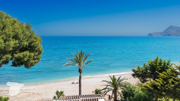 A beach with clear blue water, a palm tree, and a mountain in the background. - CostaBlancaDreams - Duplex Cap Negret in Altea (Altea)
