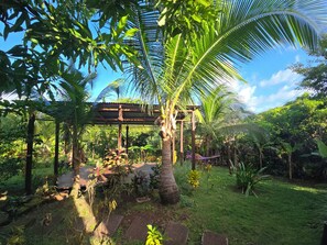 A garden with a pergola, palm trees, and a variety of plants. - The Lighthouse Retreat, Little Corn island, Nicaragua (Corn Islands)
