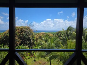 A view through a window with a tropical landscape, including dense foliage and a distant ocean. - The Lighthouse Retreat, Little Corn island, Nicaragua (Corn Islands)