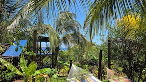 A hammock in a lush garden with palm trees and a blue-roofed structure.