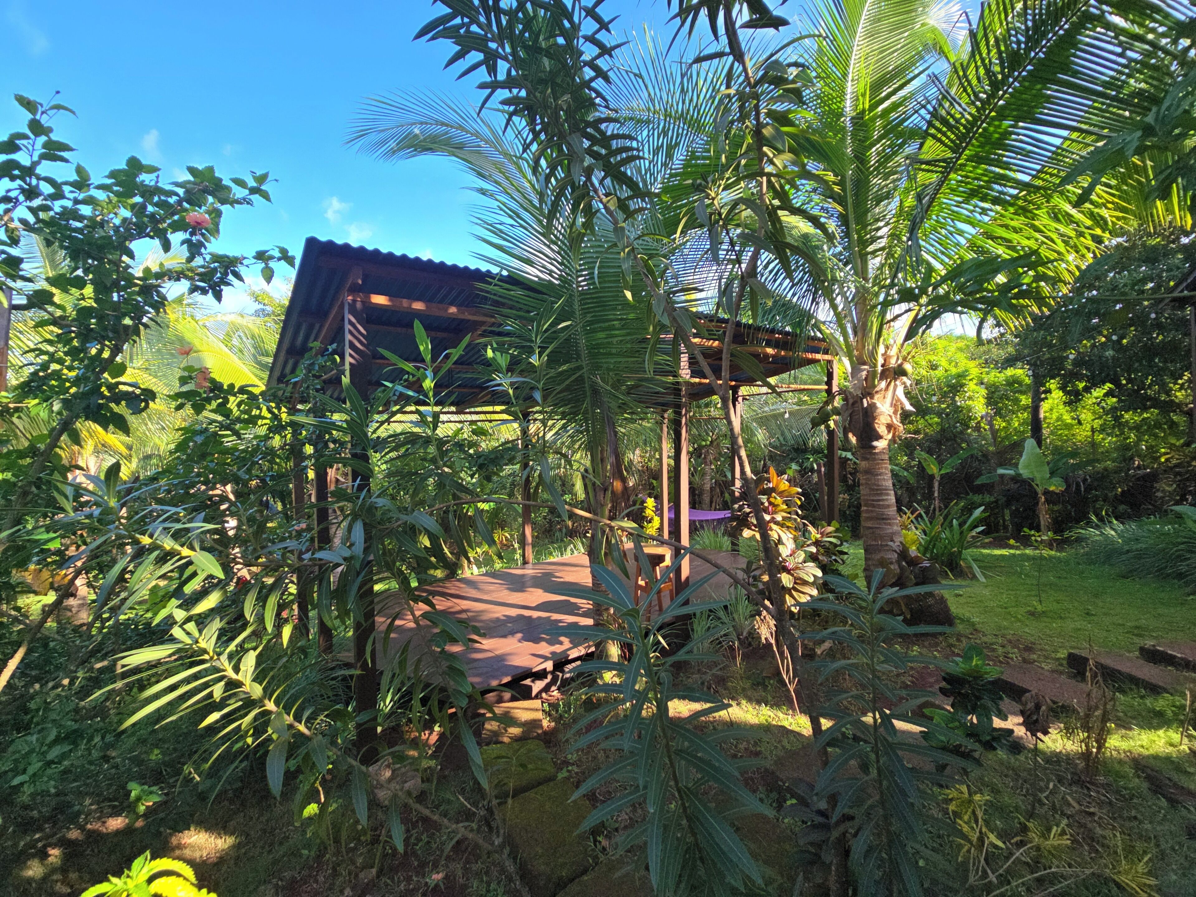 A covered outdoor area with a wooden structure, surrounded by lush greenery and a clear blue sky.