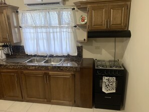 Fridge, microwave, oven, electric kettle