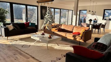 Televisión, chimenea y estéreo