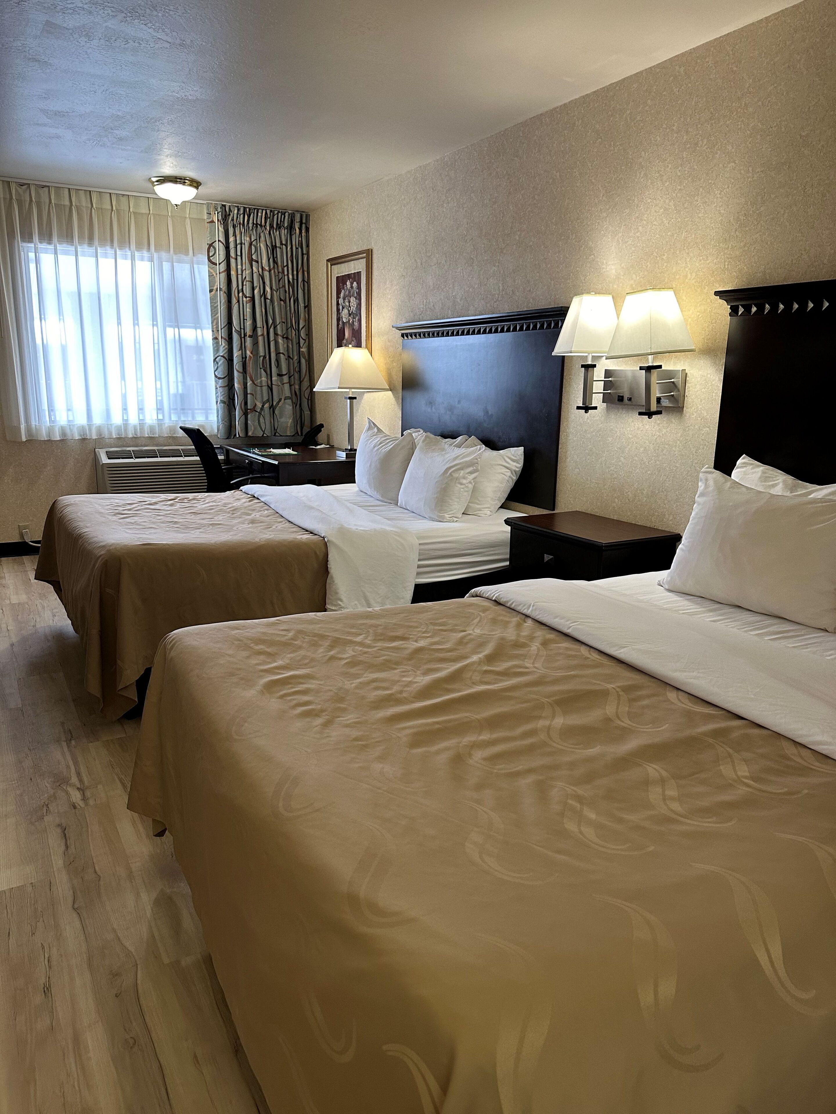 Ein Hotelzimmer mit zwei Betten, einem Schreibtisch, einem Stuhl, einer Lampe und einem Bild an der Wand.