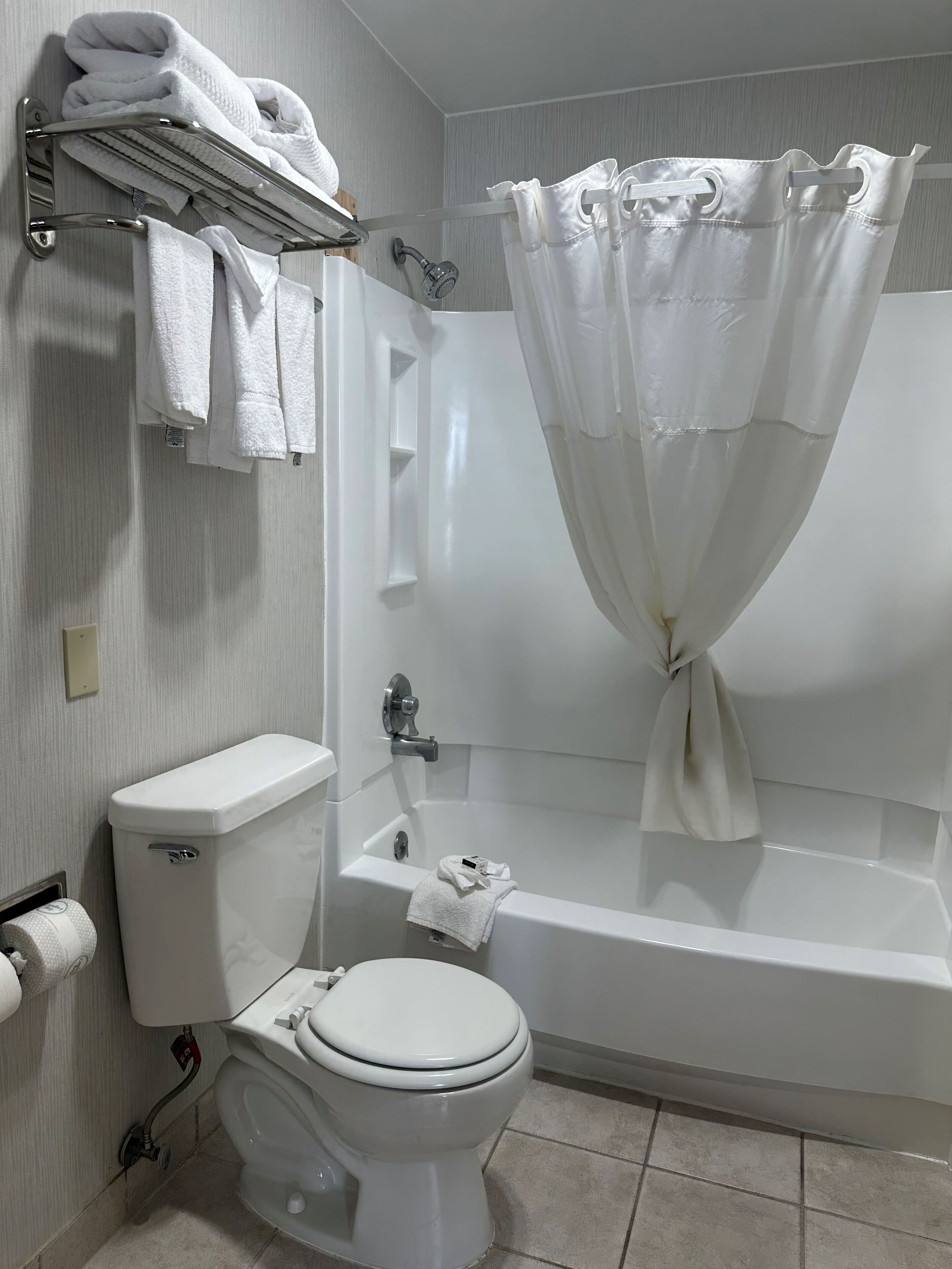 A bathroom with a toilet, a bathtub, a shower, and a towel rack.