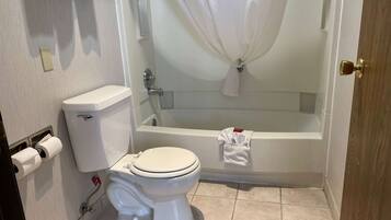 A bathroom with a toilet, a bathtub, and a shower curtain.