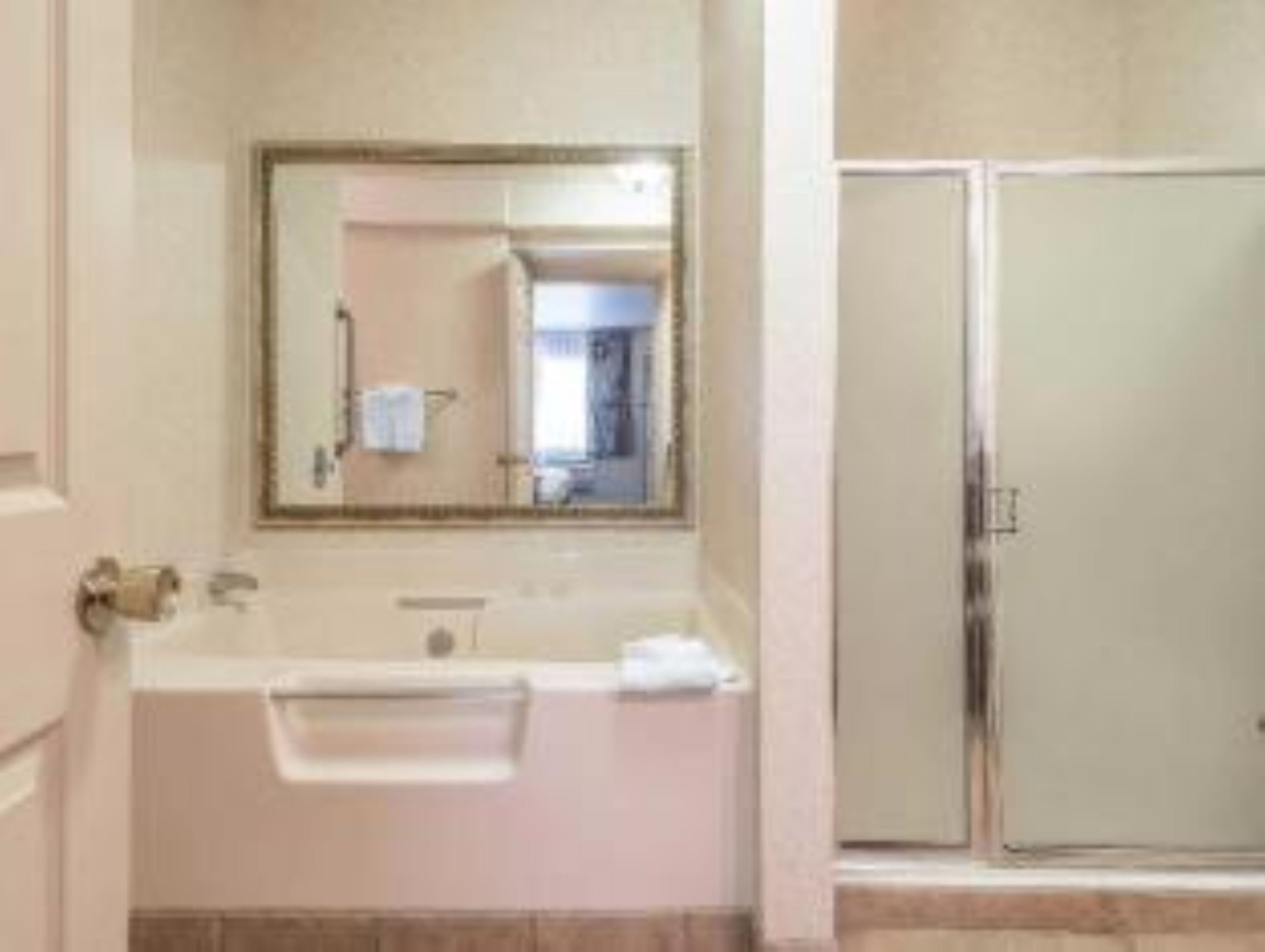 A bathroom with a sink, mirror, and a shower stall.