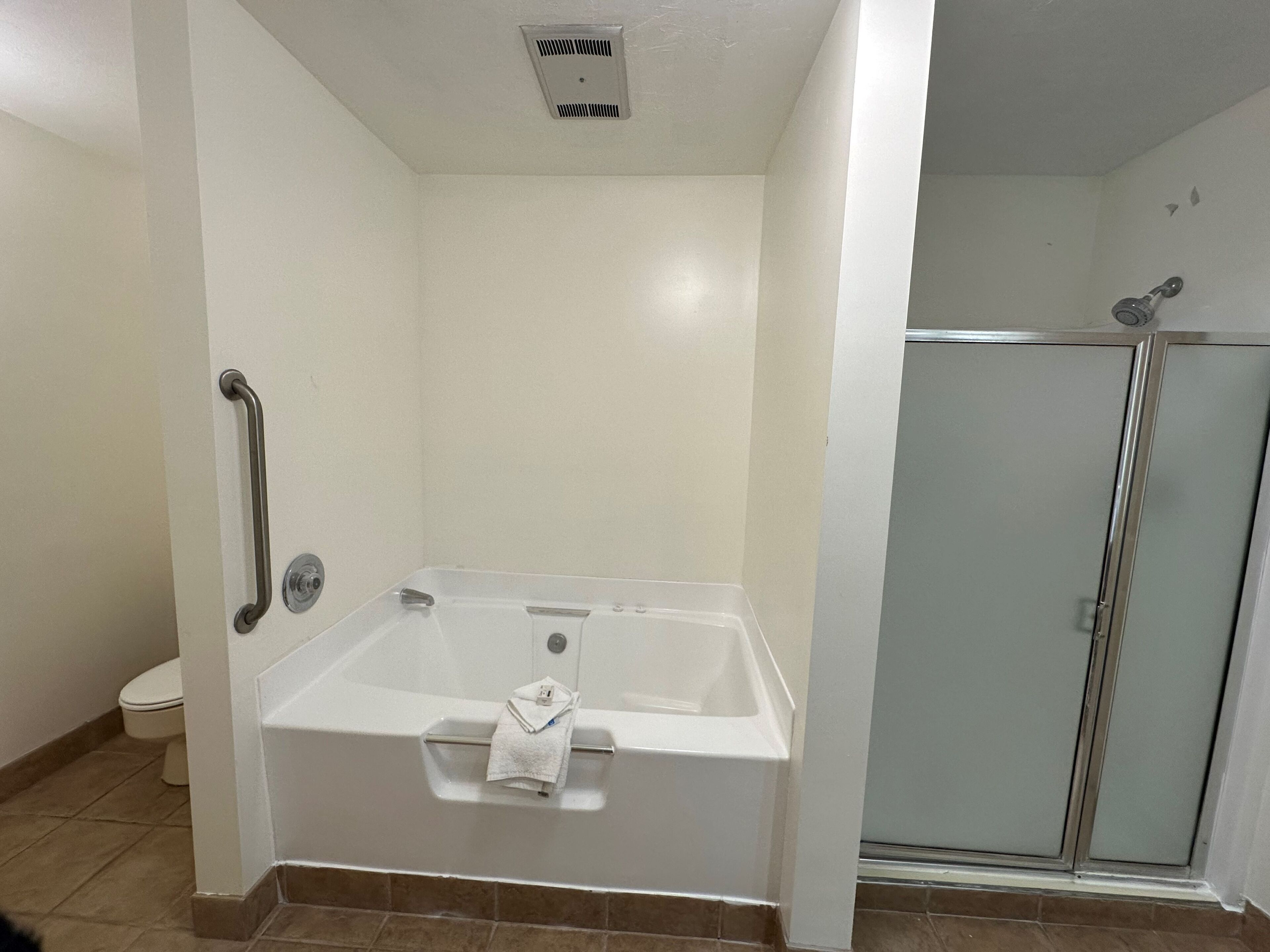 Een badkamer met een bad, douche en toilet.