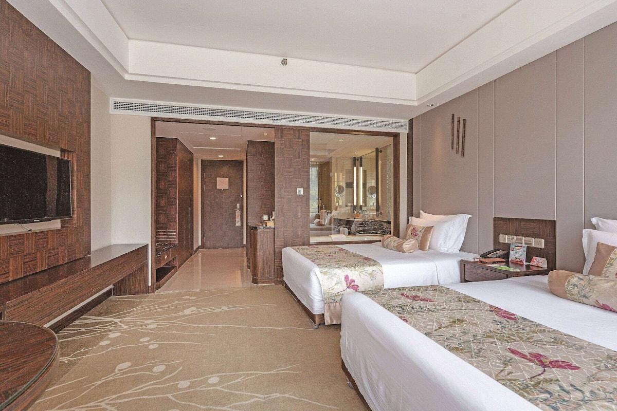 Une chambre d’hôtel avec deux lits, une télévision, un bureau et un miroir.