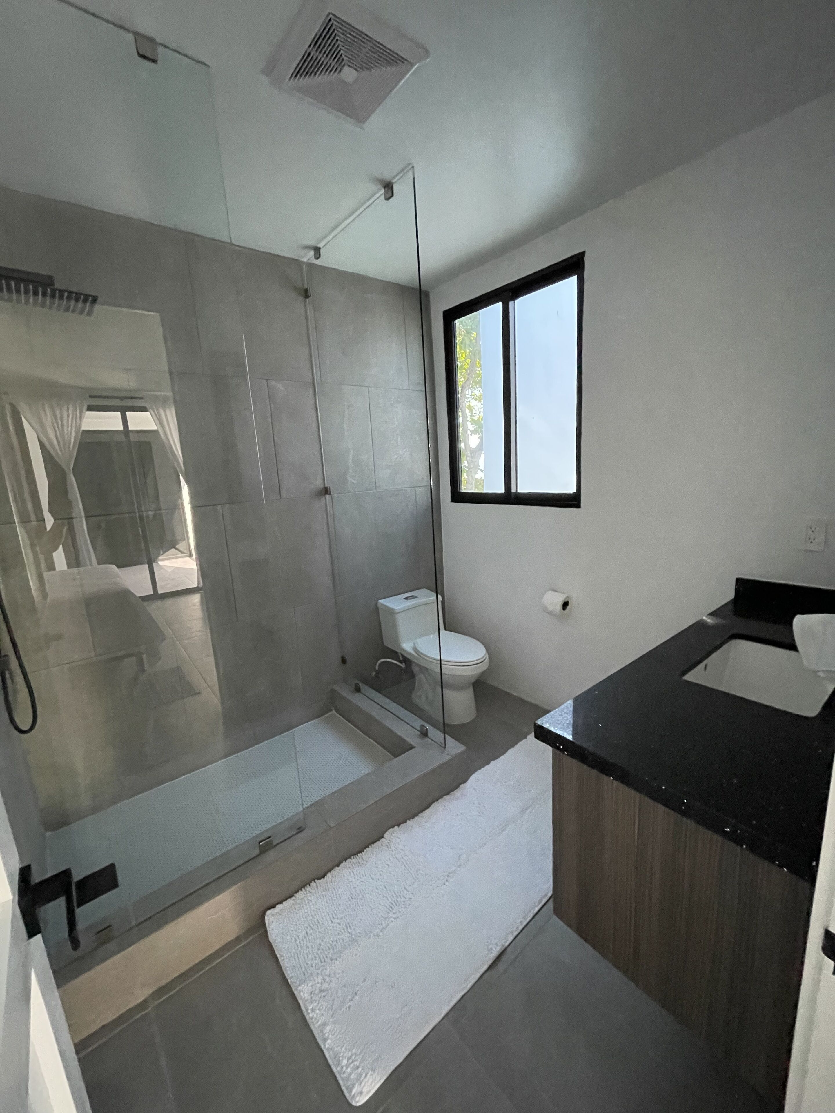 A modern bathroom with a glass-enclosed shower, a toilet, and a sink with a black countertop.