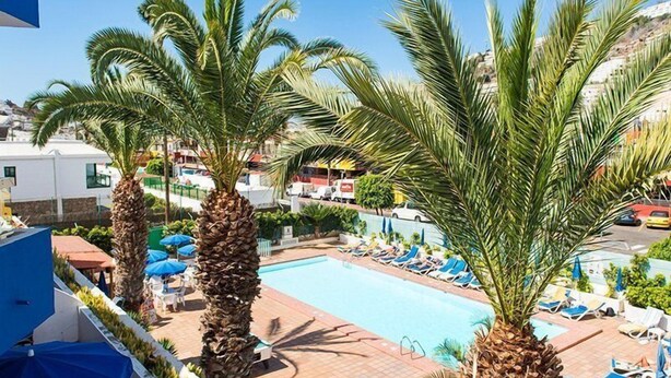 A pool area with palm trees, lounge chairs, and umbrellas. - Lufesa Apartments (Mogan)