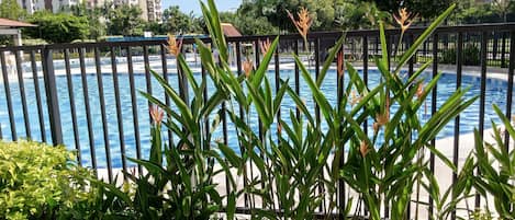 Una piscina rodeada por una cerca de metal, con edificios y árboles al fondo.