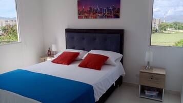 Hypo-allergenic bedding, individually furnished, laptop workspace