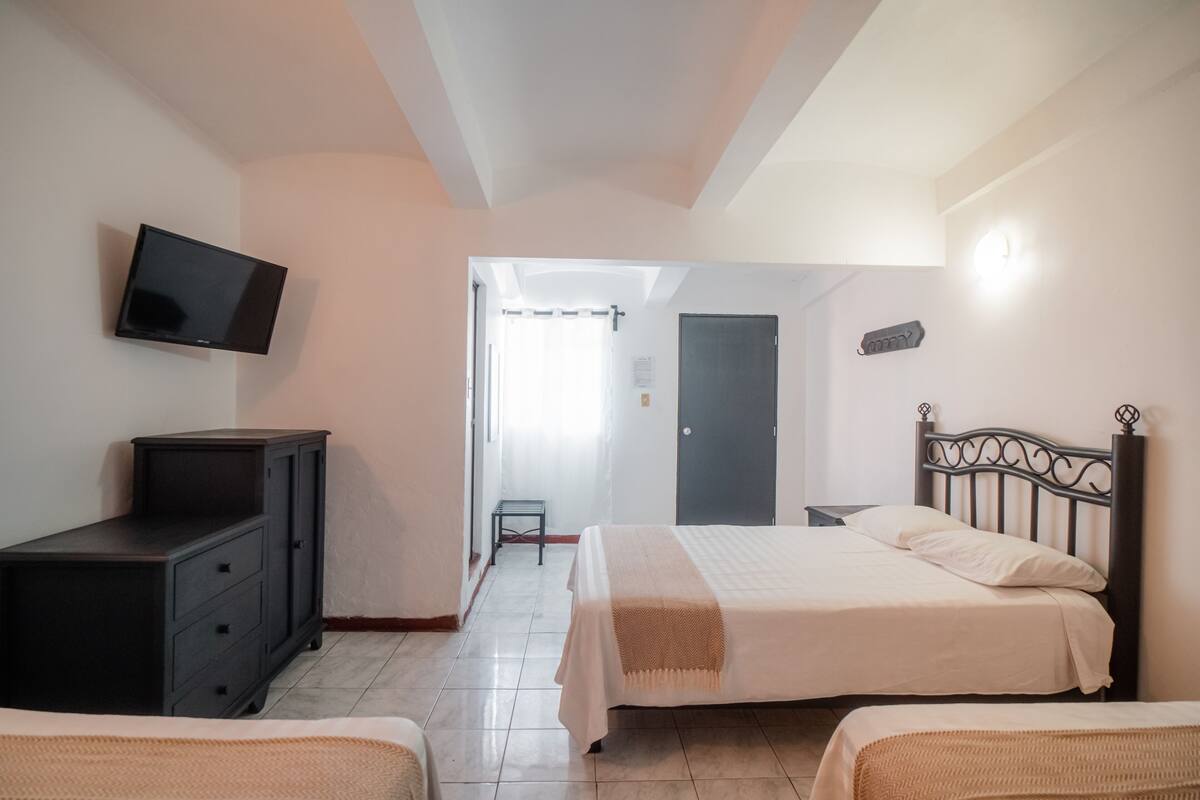 A bedroom with a bed, a TV, a dresser, and a door leading to another room.