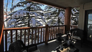 Un balcon abrité, doté d’une balustrade en bois, de meubles en osier et offrant une vue sur des arbres couverts de neige.