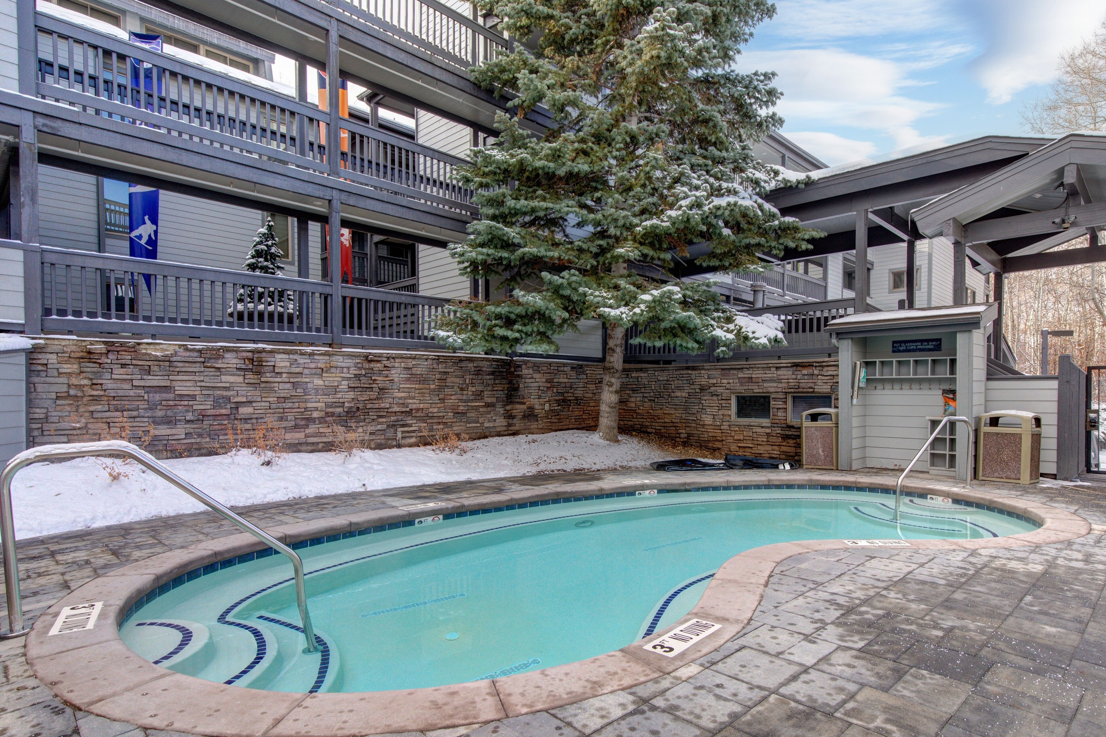 A swimming pool with a stone deck, a metal ladder, and a brick wall.