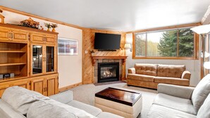 Un salon avec une cheminée, des meubles en bois, un téléviseur à écran plat et une grande fenêtre.