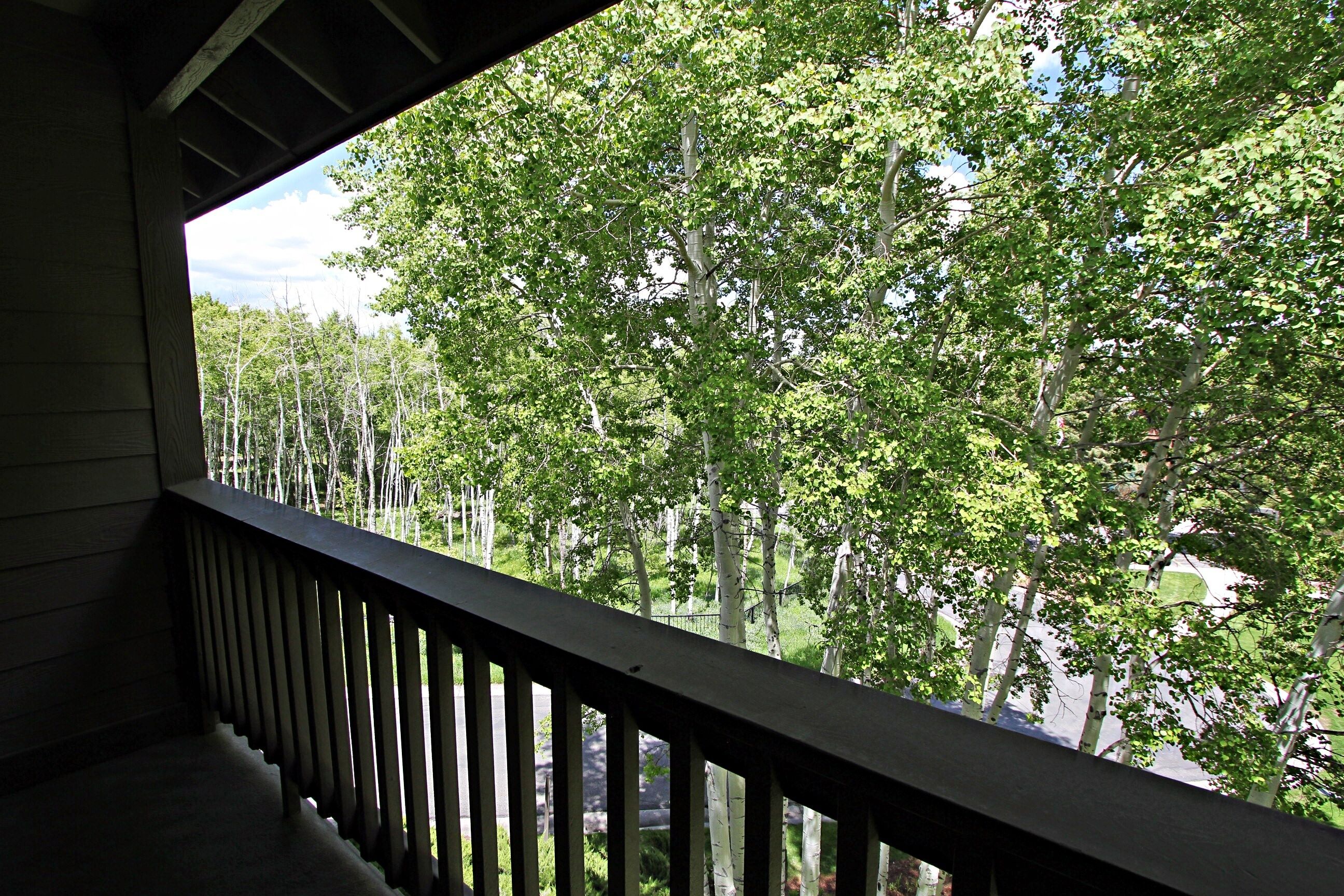 Ein Holzbalkon mit Blick auf ein bewaldetes Gebiet.