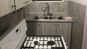 Una cocina funcional con estufa a gas, lavamanos y armarios de madera.