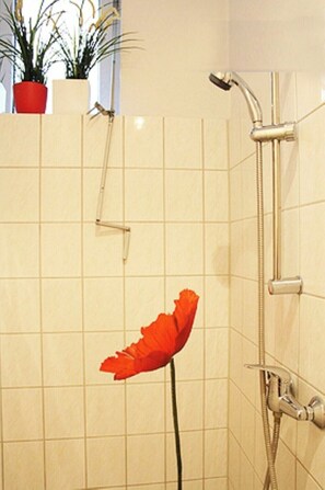 Douche, sèche-cheveux, serviettes fournies, savon