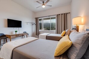 1 bedroom, desk, iron/ironing board, travel cot