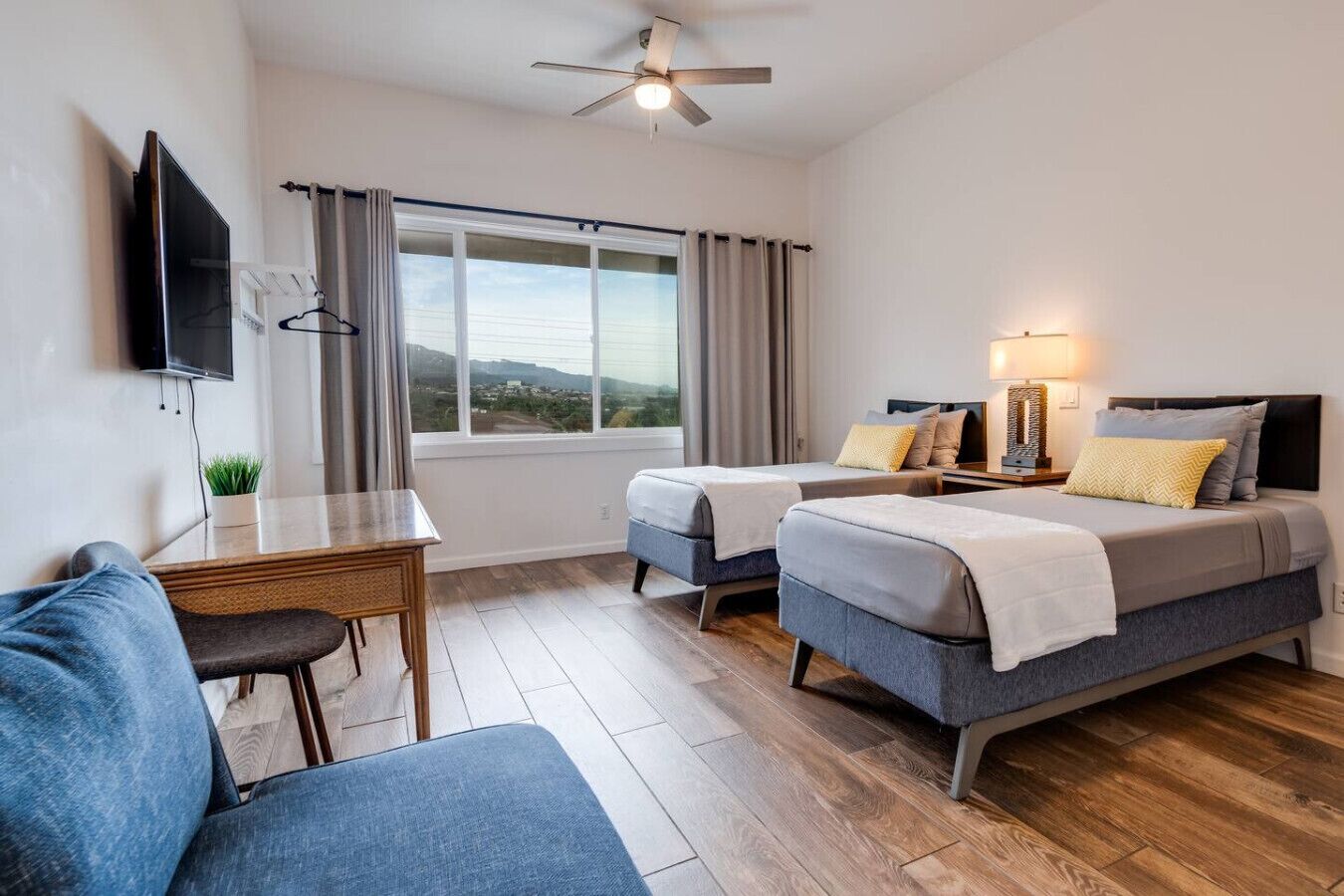 1 bedroom, desk, iron/ironing board, travel cot