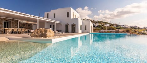 A modern white building with a swimming pool in front.