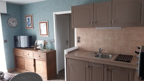Une cuisine compacte avec des meubles de rangement en bois, un évier et un téléviseur posé sur un meuble en bois.