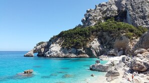 Escena costera con acantilados rocosos, aguas turquesas cristalinas y una playa de arena.