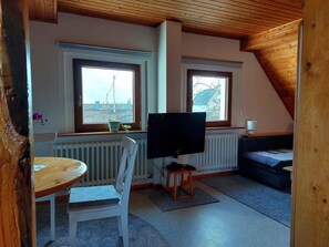 Ein gemütliches Zimmer mit Holzboden, einem weißen Heizkörper, einem Fernseher auf einem Schrank, einem kleinen Tisch mit Stuhl und zwei Fenstern mit Blick auf Gebäude.
