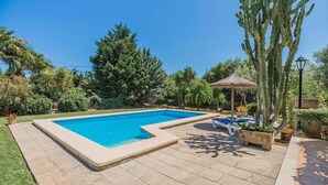 Ein rechteckiger Pool mit Fliesenbord, umgeben von üppiger Vegetation und einer Kaktuspflanze.