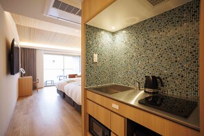 Mini-fridge, microwave, stovetop, electric kettle