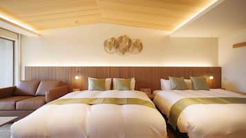 A modern hotel room with two beds, a wooden ceiling, and a wall-mounted light fixture.