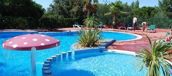 Air-conditioned chalet with heated pool and parking in a quiet pine forest