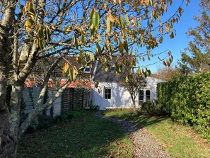 A house with a white exterior, a visible front door, and a small garden area with grass and a gravel path.