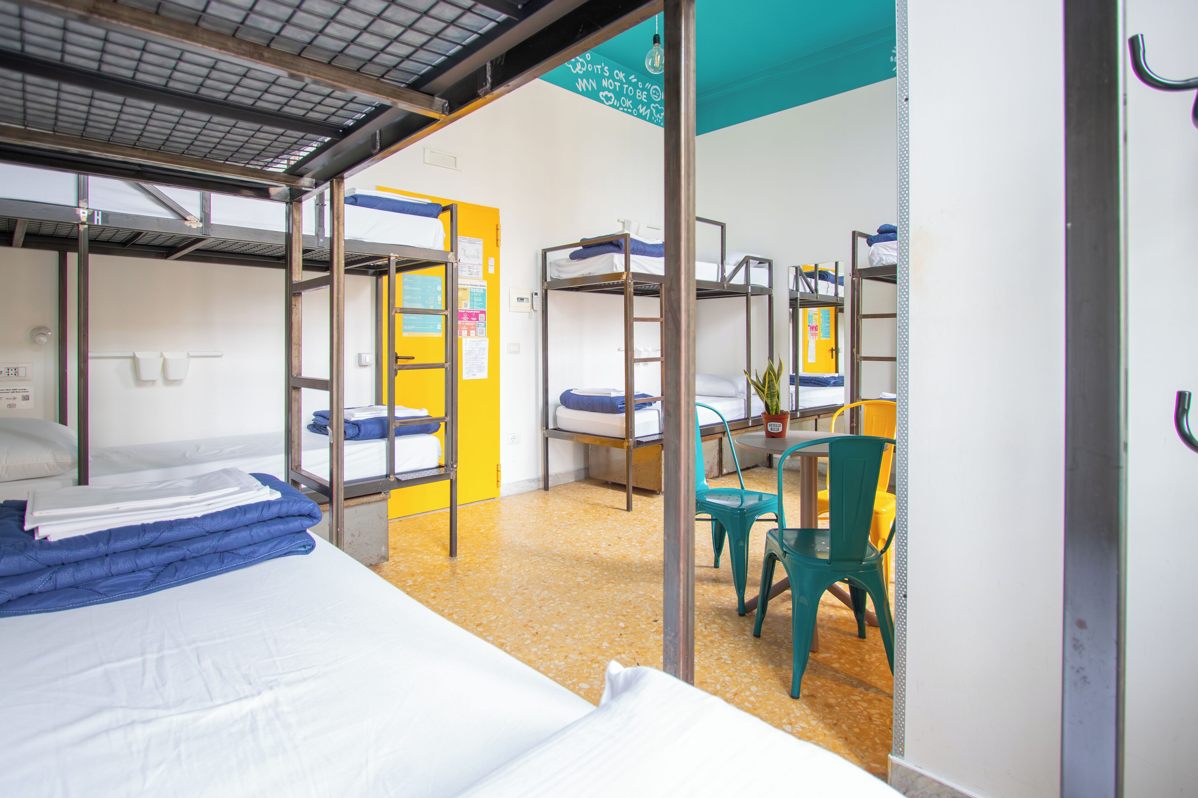 A dormitory room with bunk beds, a desk, chairs, and a small table with a potted plant.